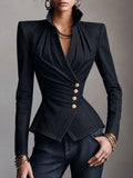 Women's Structured Dark Denim Gold Buttons Jacket With Padded Shoulders