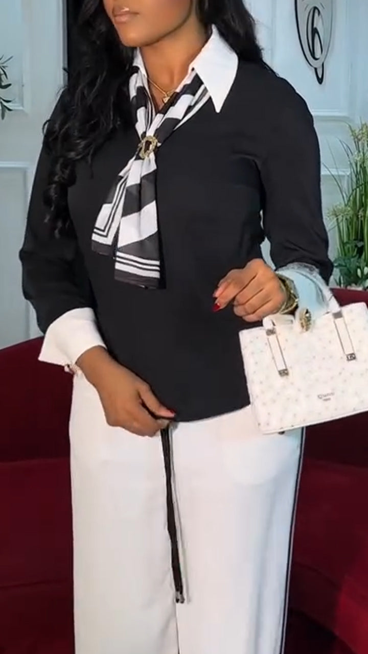 Women Collared Fake Two-piece Top + White Pants