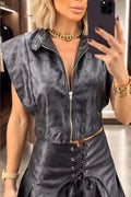 Women Temperament Casual Collar Leather Jacket or Patchwork Skirt