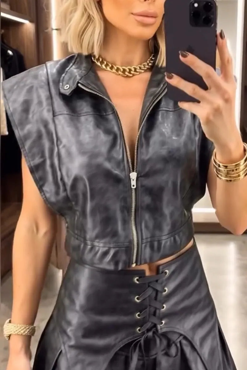 Women Temperament Casual Collar Leather Jacket or Patchwork Skirt