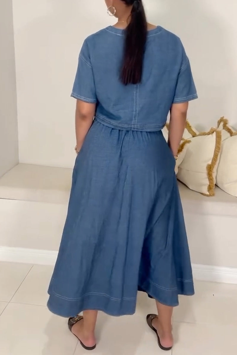 Women's Casual Crew Neck Short Sleeve Denim Top or A-Line Skirt