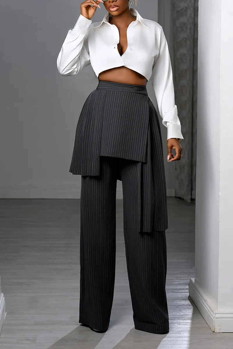 Women's Fashion Cropped Blouse Stripe Layered Pants Set