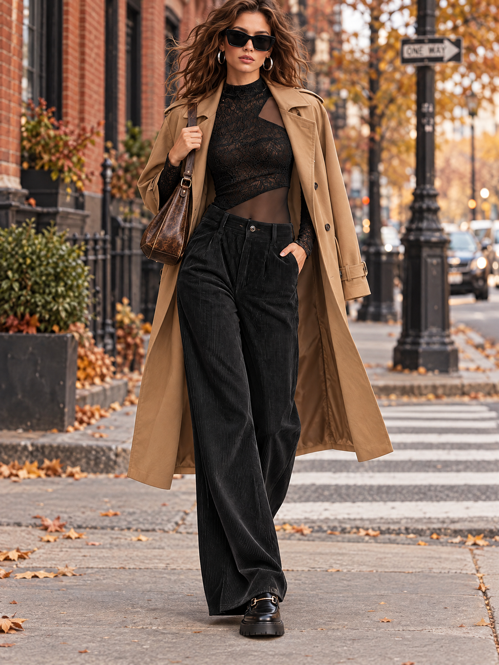 Asymmetrical Mesh Paneling Lace Top & High-Waisted Front Pleats Corduroy Wide-Leg Pants Set