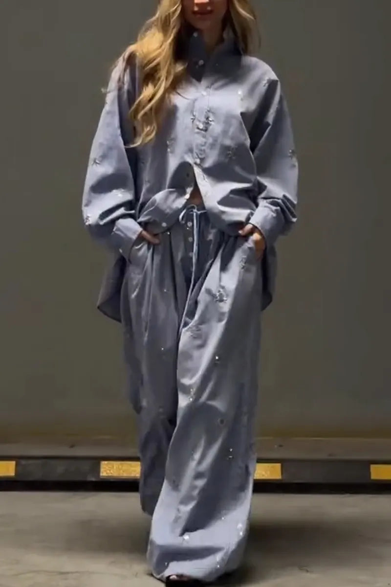 Women Collar Embroidered Flower Shirt+ Wide Leg Pants Casual Set