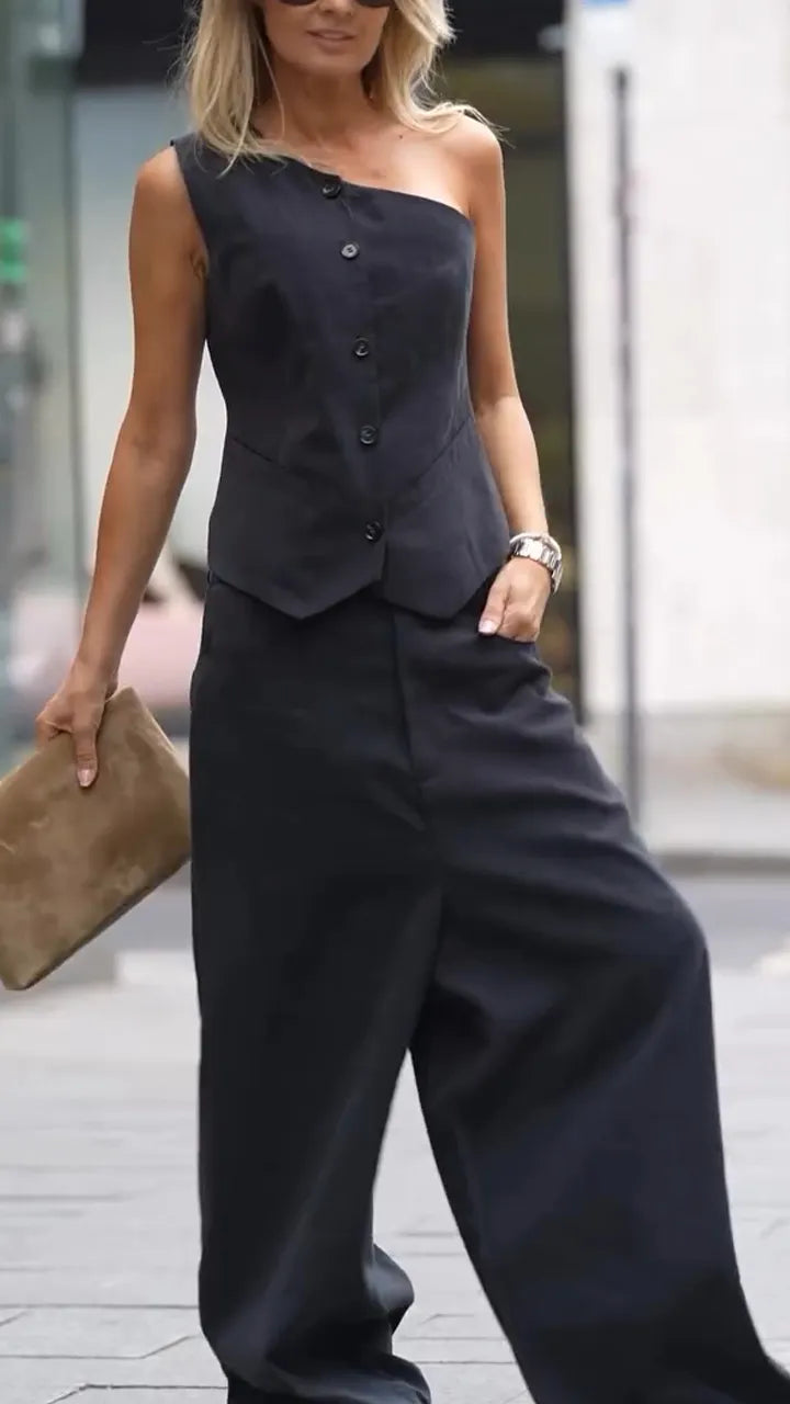 Ladies Diagonal Collar Breasted Top+ Pants Casual Suit