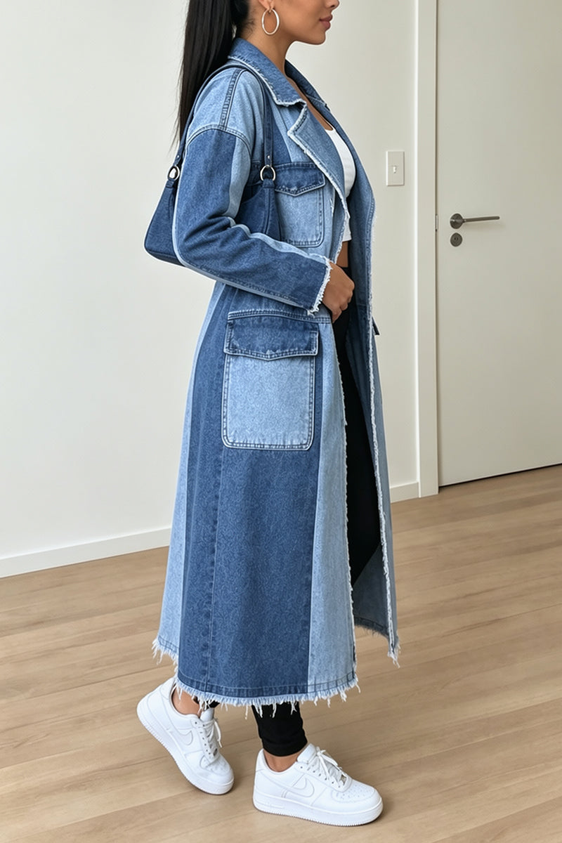 Women's Chic Color Block Frayed Trim Long Blue Denim Trench Coat