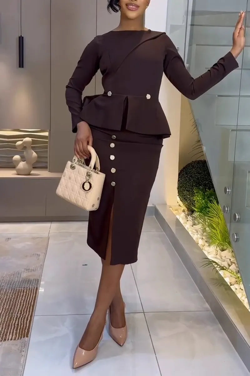 Women Round Neck Waist Cinched Top + Breasted Split Half Skirt Temperament Commuting Formal Suit
