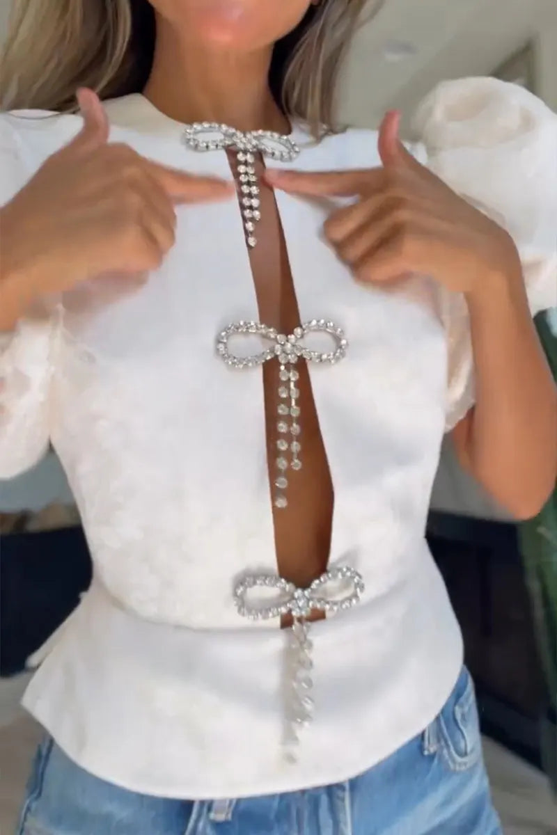 Women's Elegant Rhinestone Bow Puff Sleeve Top