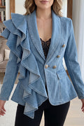 Women's Dramatic Asymmetrical Cascading Ruffle Denim Blazer