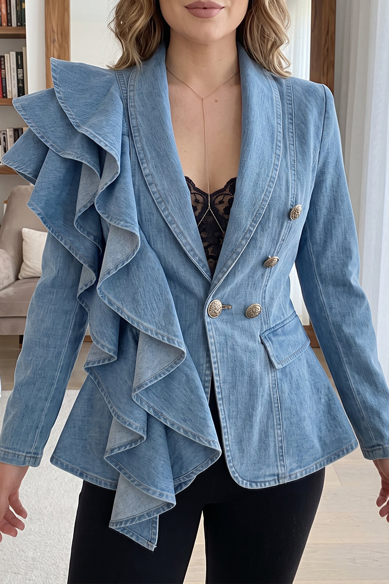 Women's Dramatic Asymmetrical Cascading Ruffle Denim Blazer