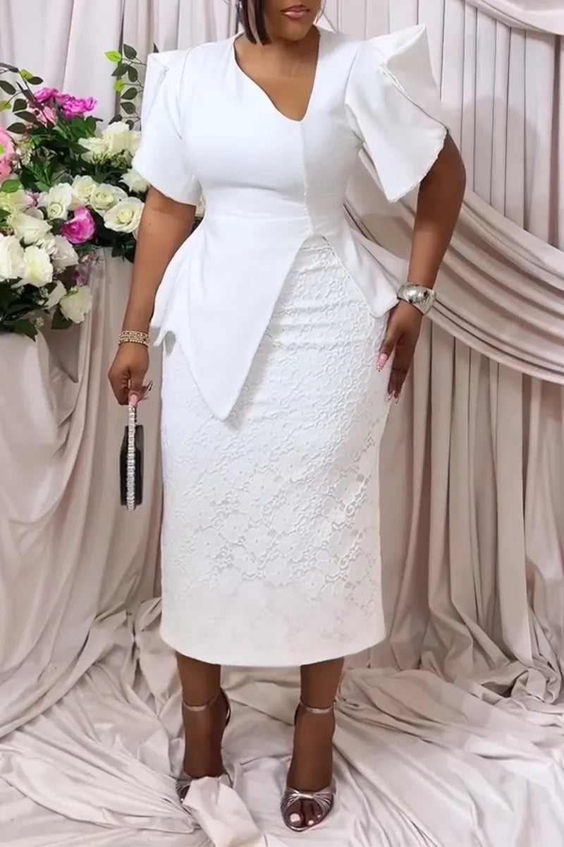 Women V-neck Irregular Top + Half Skirt Elegant Temperament Set
