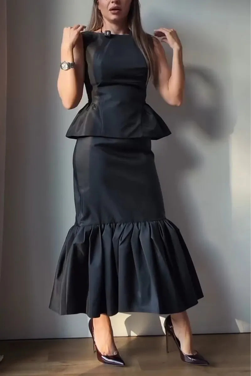 Women's Round Neck Sleeveless Waist Cinched Top+ Half Skirt Solid Color Elegant Temperament Set