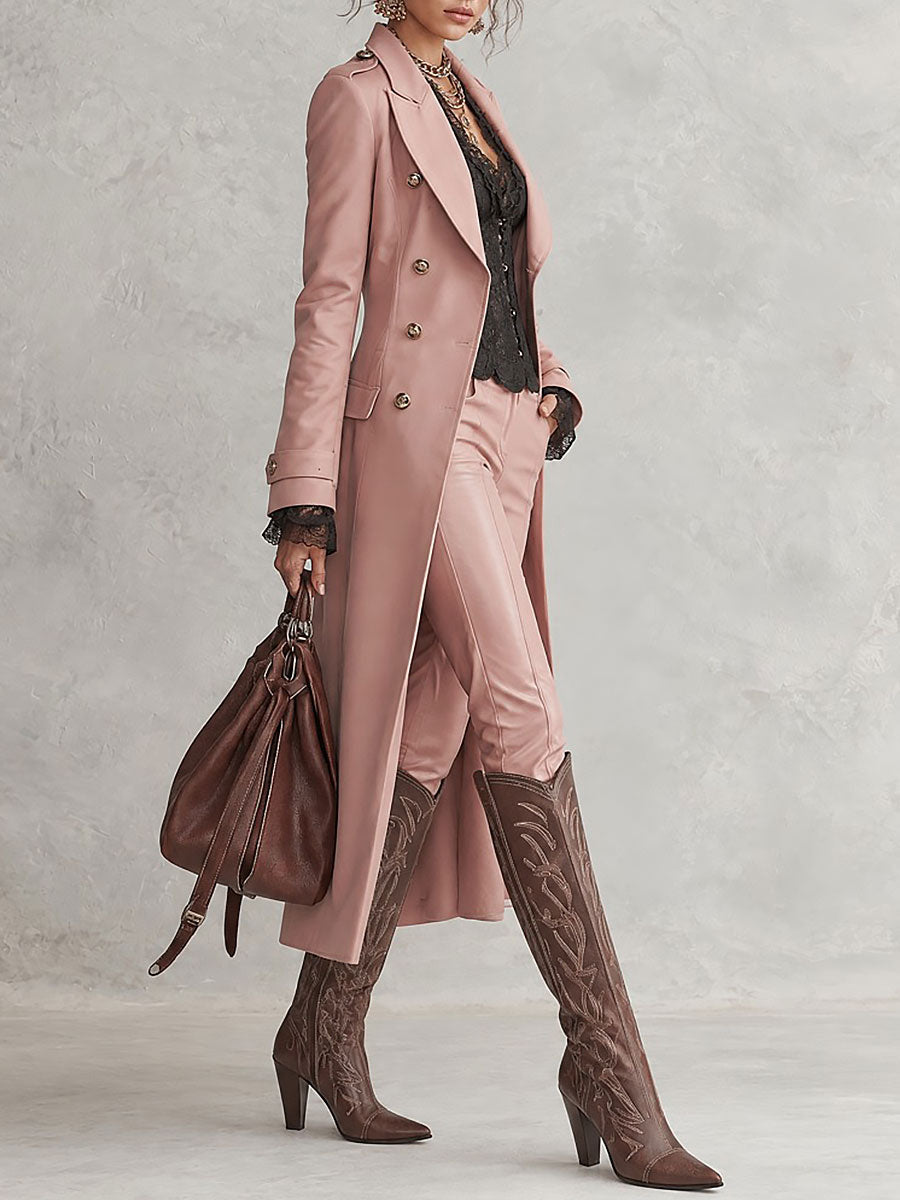 Military Style Dusty Pink Double-Breasted Longline Coat with Gold Buttons