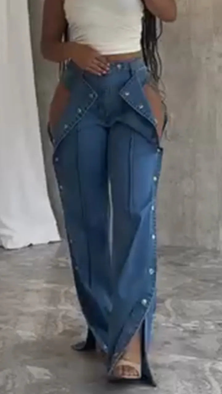 Ladies' Buckle and Slit Casual Denim Pants
