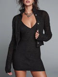Stand-collar Cropped Knit Cardigan & Spaghetti-strap Mini Dress Set