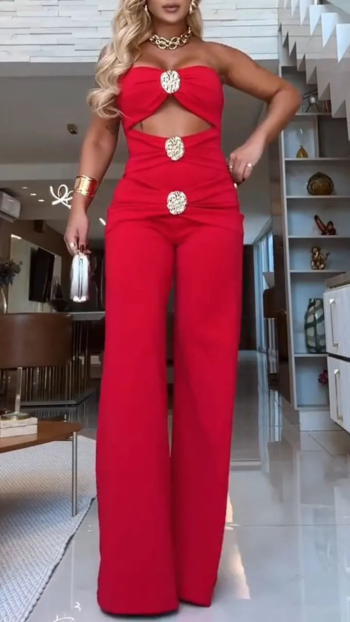 Women Strapless Hollow Metal Buckle Decoration Sexy Temperament Dinner Party Jumpsuit