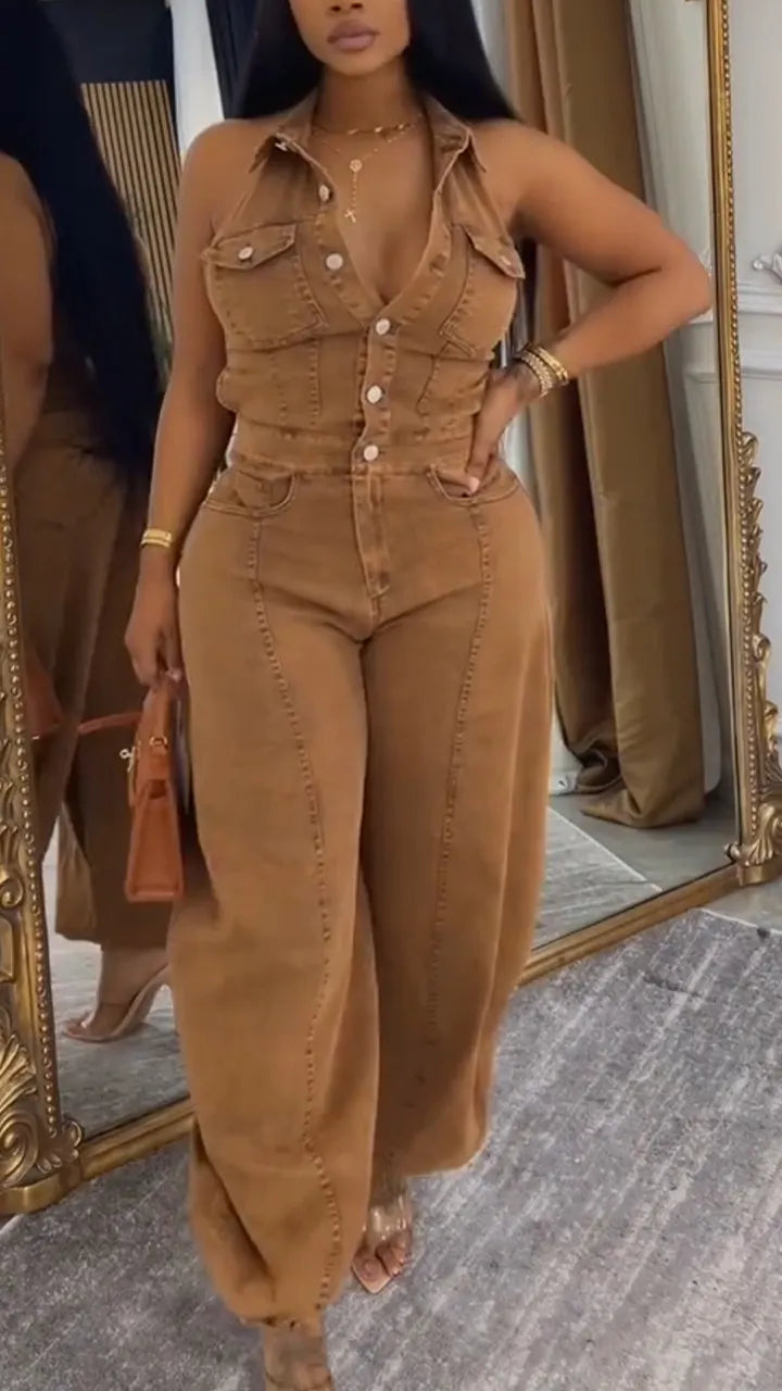 Womens Collared Patchwork Casual Denim Jumpsuit