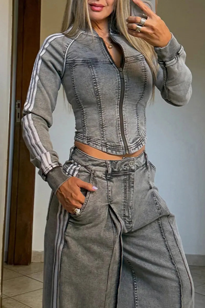 Women's Casual Slim Denim Jacket or Wide Leg Jeans