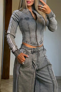 Women's Casual Slim Denim Jacket or Wide Leg Jeans