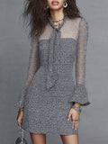 Vintage Sheer Mesh Sleeves And Bell Cuffs Tweed Tie-Neck Mini Dress