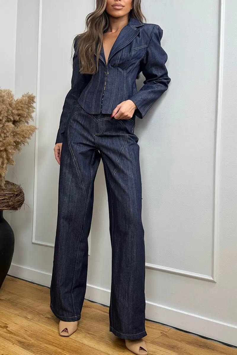 Women's Fashion Wide Shoulder Lapel Denim Jacket or Jeans