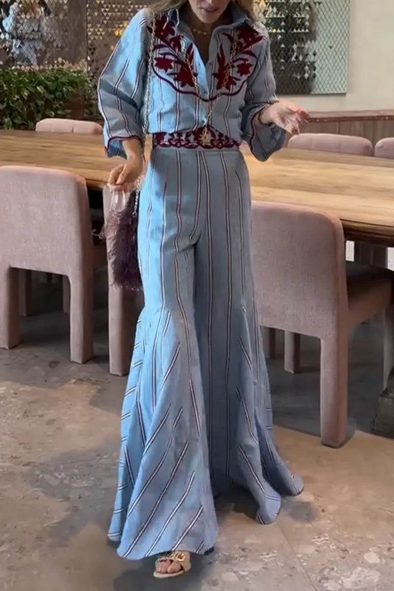 Women Collar Printed Top+ Wide Leg Pants Casual Set with Temperament