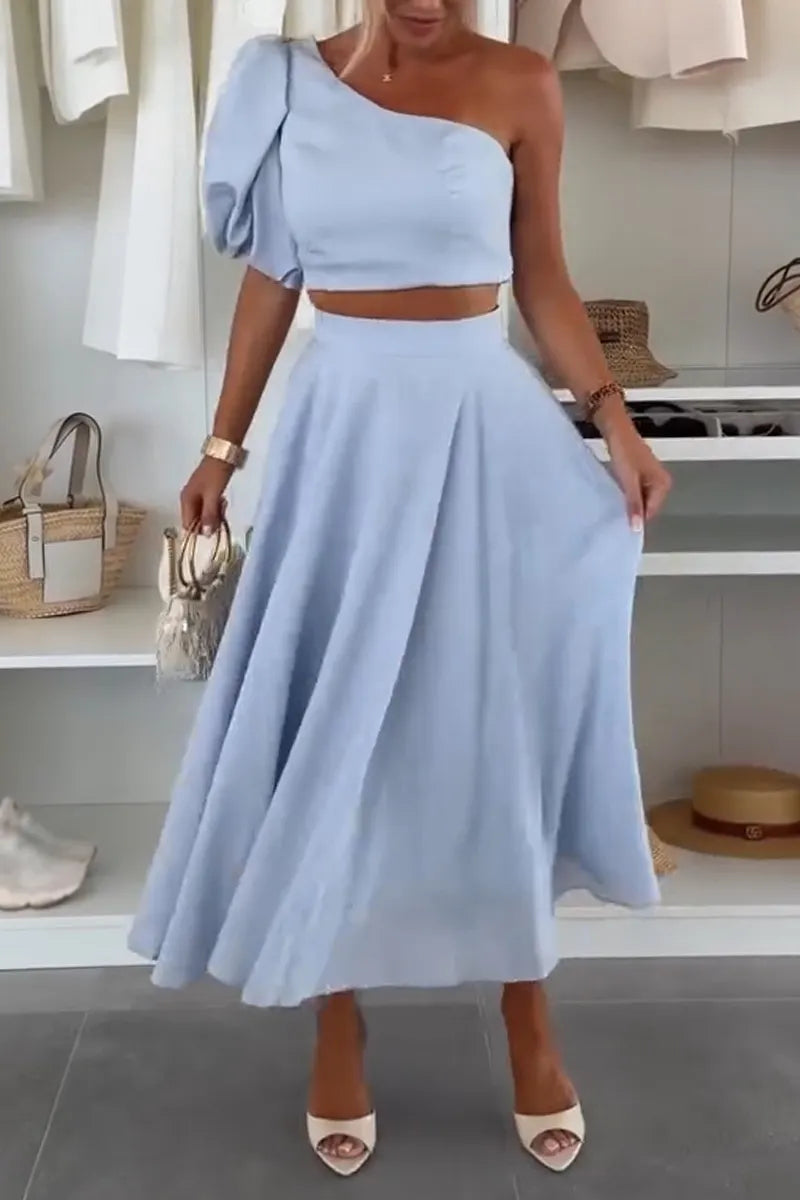 Women One Shoulder Top+ Half Skirt Elegant Casual Suit