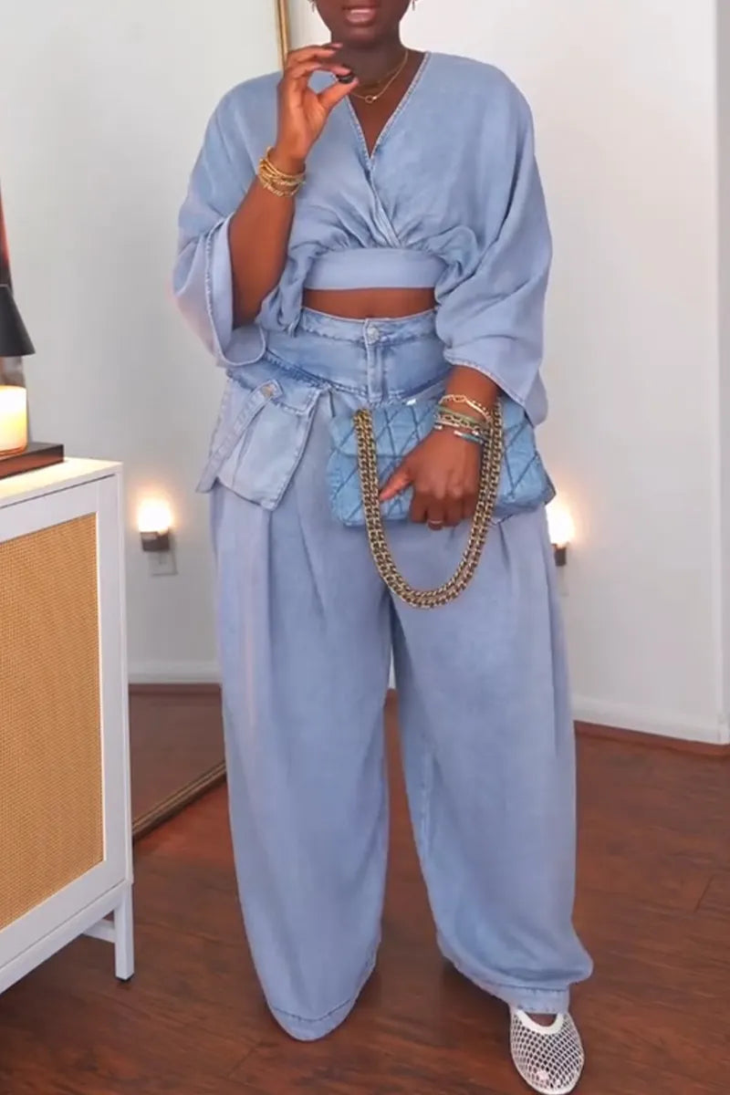 Women V-neck Top+ Spliced Wide Leg Pants Casual Set