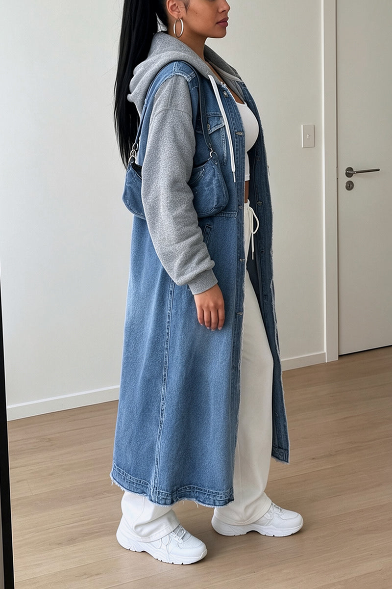 Women's Chic Hooded Spliced Frayed Trim Long Blue Denim Coat