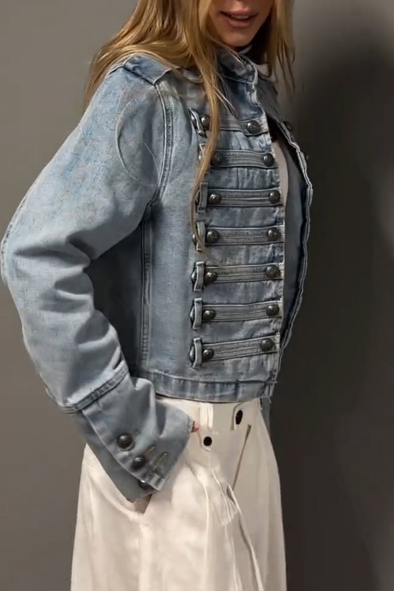 Women's Casual Knot Button Decoration Cropped Denim Jacket