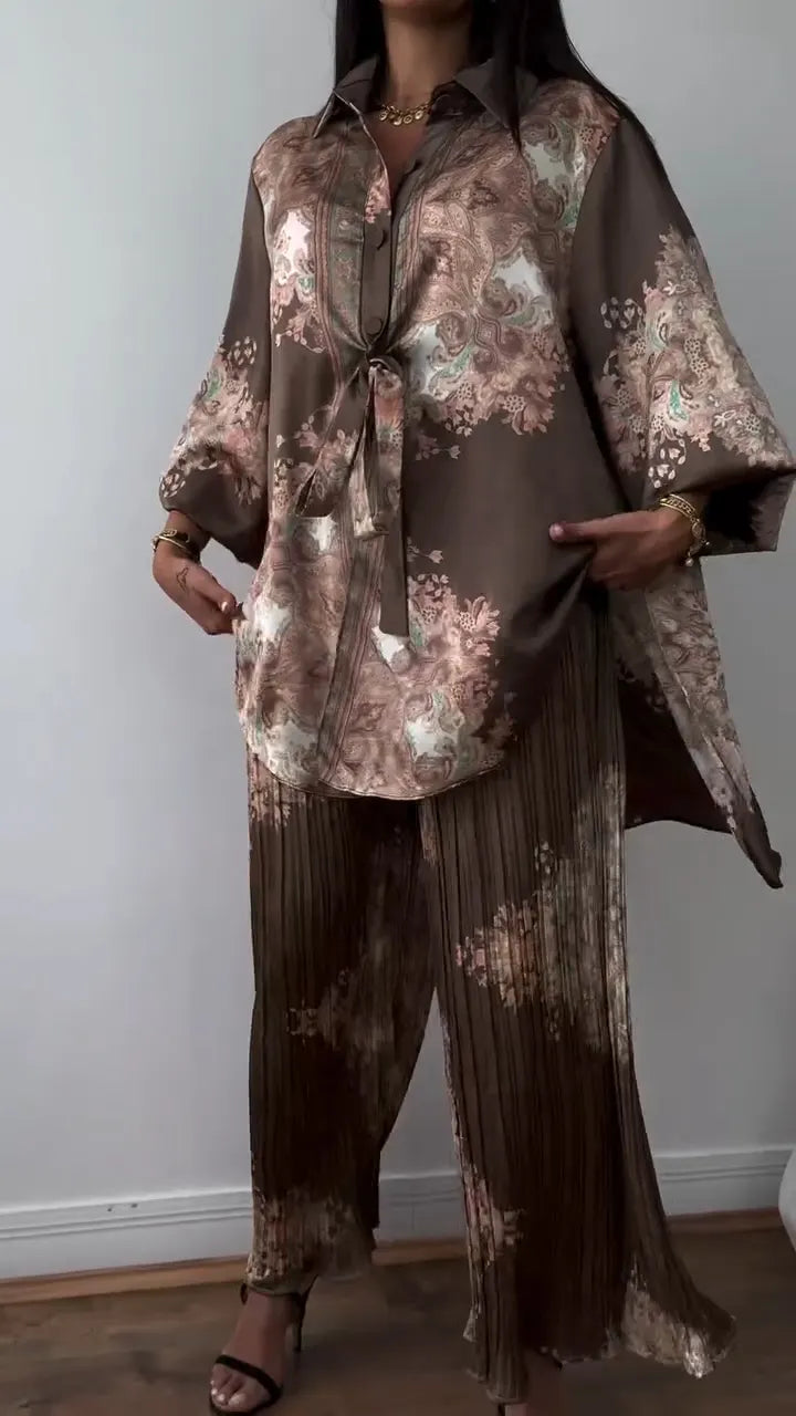 Ladies' Collar Printed Top+ Pleated Pants Casual Set
