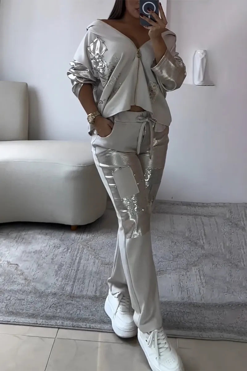 Women Patchwork Shiny Sequin Casual Jacket or Pants