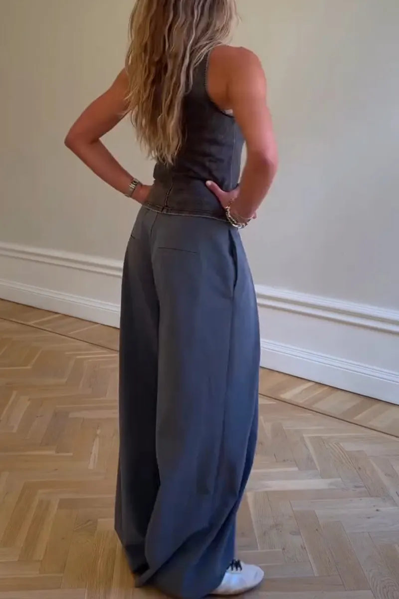 Women Casual Round Neck Sleeveless Zipper Denim Top or Wide Leg Pants