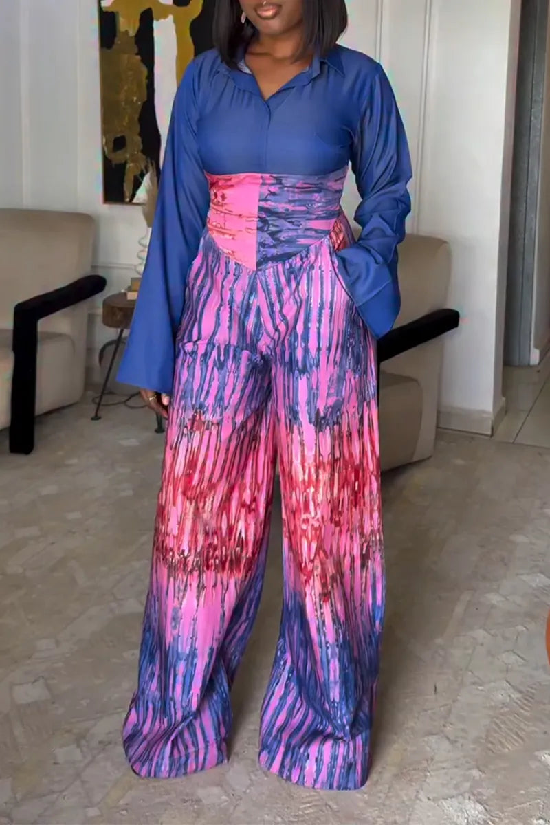 Women Collar Patchwork Print Elegant Temperament Jumpsuit