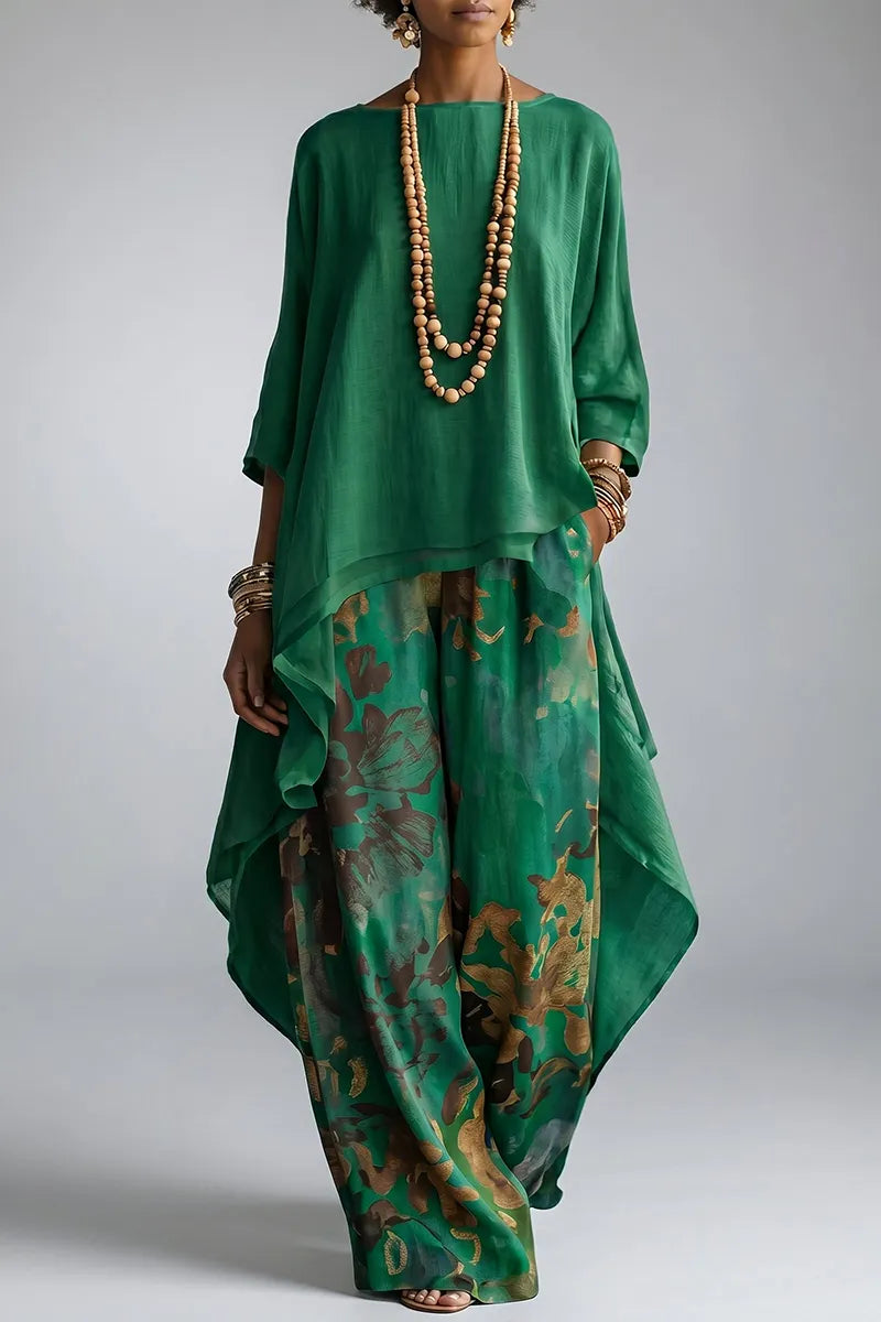 Women Round Neck Irregular Long Top + Printed Wide-leg Pants Casual Suit