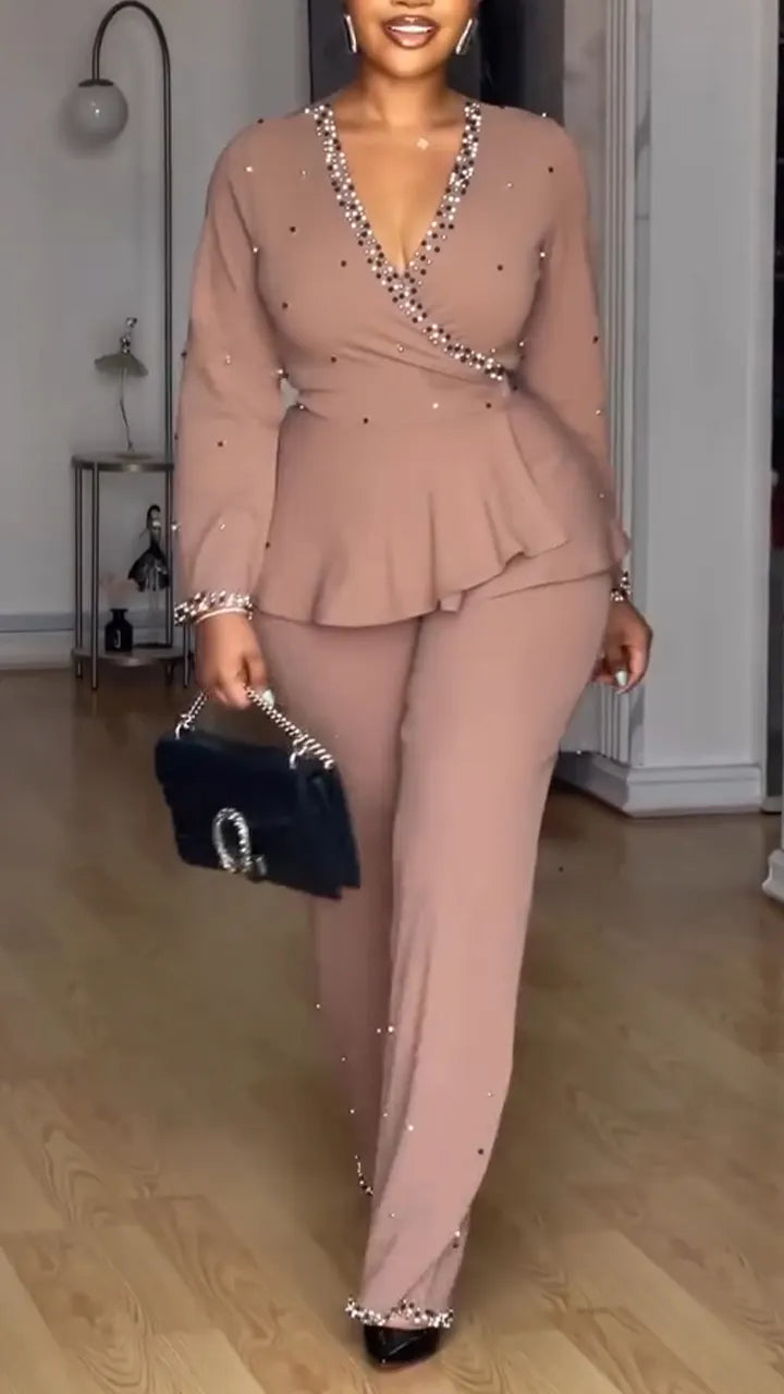 Women V-neck Nail Bead Top + Pants Temperament Commuting Suit