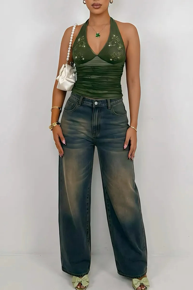 Women Neck Hanging Rhinestone Patterned Top or Washed Wide Leg Jeans