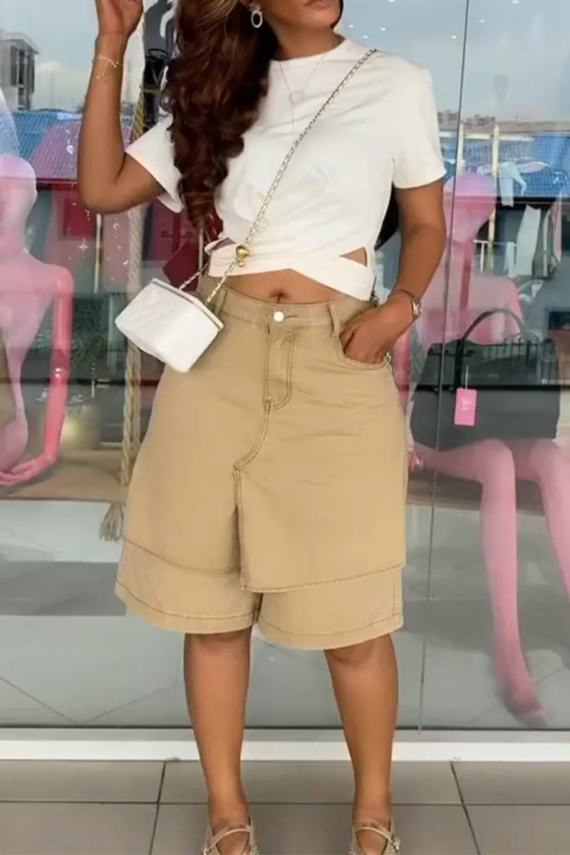 Women Casual Round Neck Hollow Out Short Sleeved or Spliced Denim Shorts