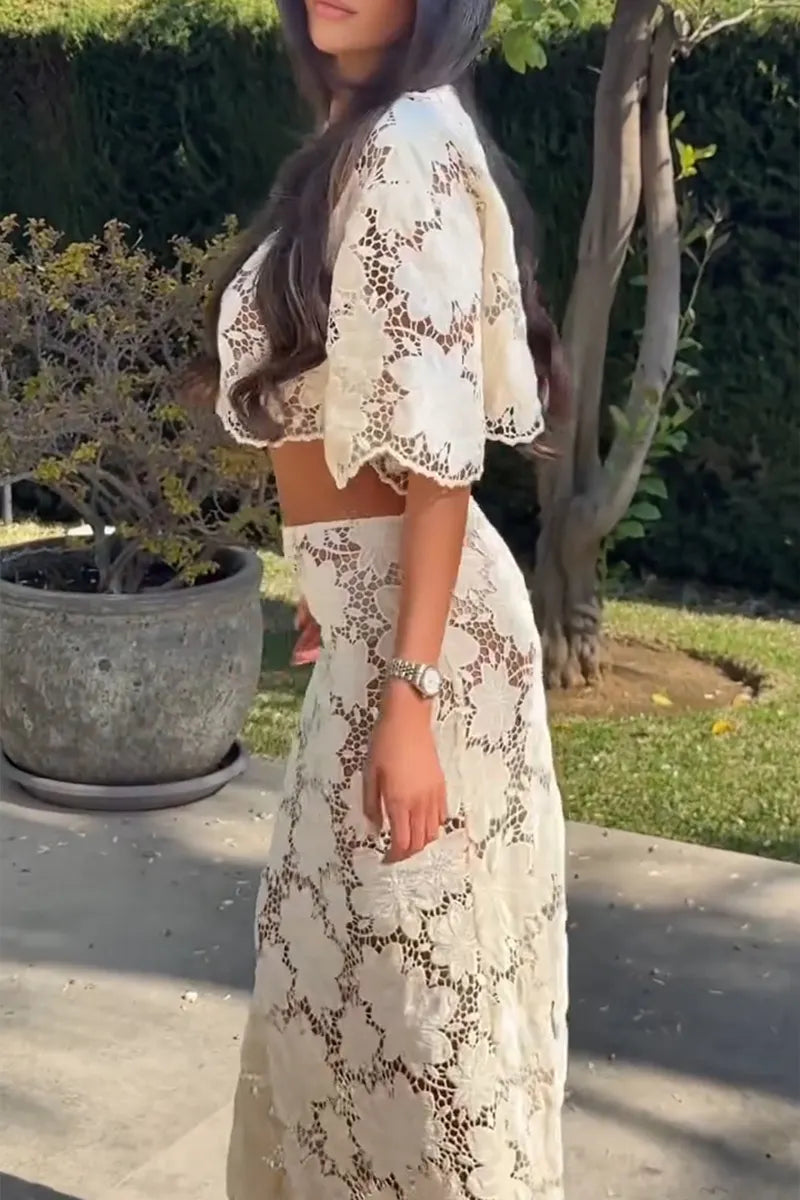 Women's Elegant Resort Lace Cutout Top & Long Skirt