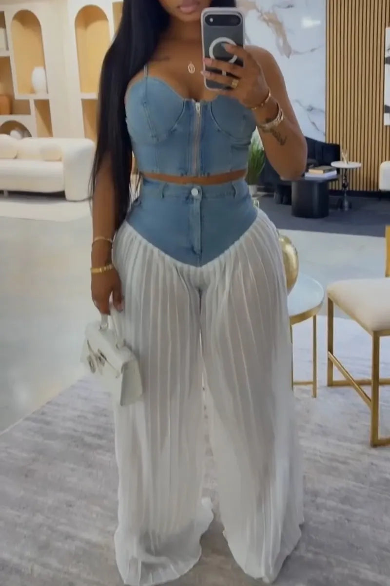 Women Camisole Denim Top or Patchwork Pleated Pants Casual Set