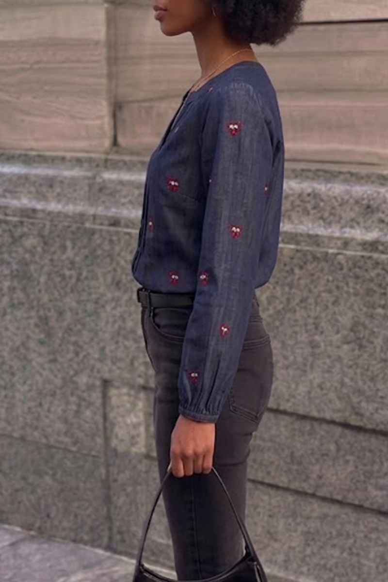 Women's Notched V-Neck Embroidered Button-Up Long Sleeve Denim Blouse