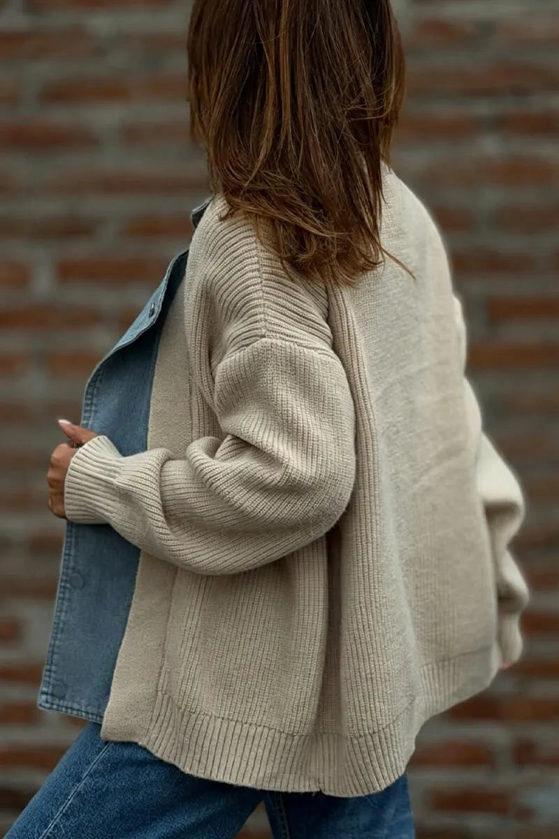 Women's Collar Denim Patchwork Knit Casual Jacket