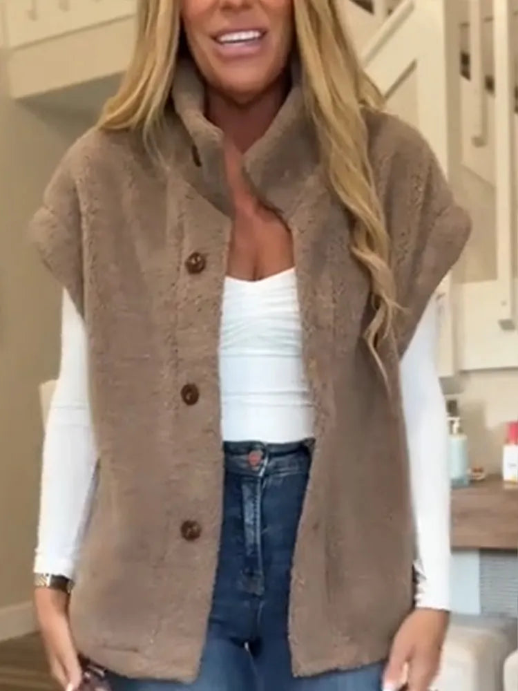Women Round Neck and Breasted Plush Casual Vest