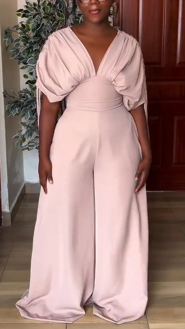 Women V-neck Spliced solid Color Temperament Casual Jumpsuit