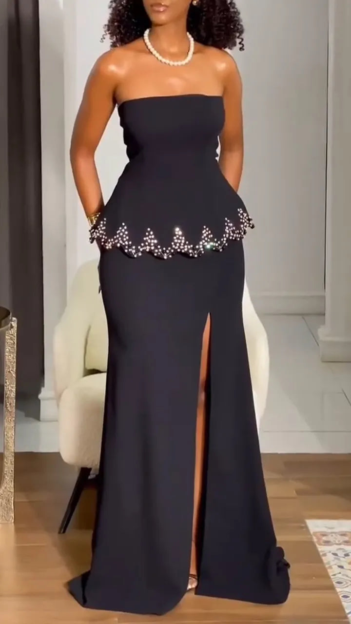 Women Strapless Rhinestone Top + Slit Skirt Evening Wedding Style Suit