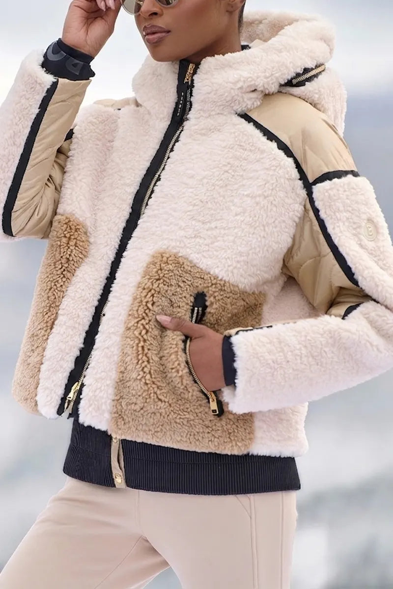 Women's Hooded Patchwork Contrasting Color Casual Plush Coat