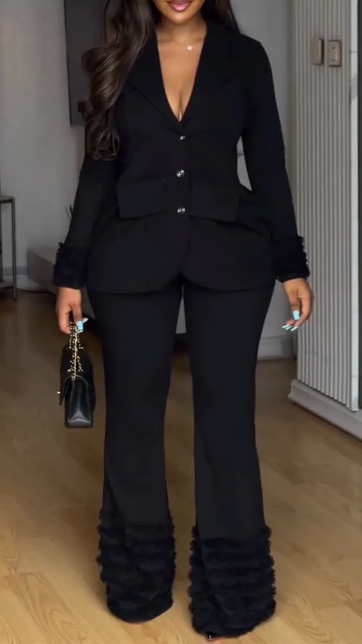 Women Collar and Buckle Splicing Jacket + Pants Temperament Commuting Set