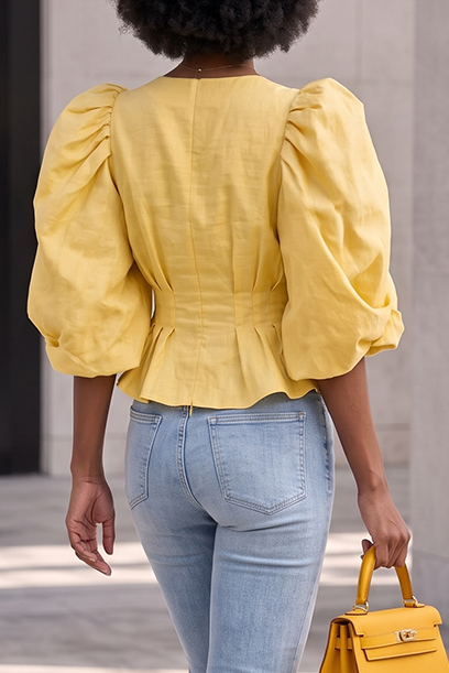 Women's Exaggerated Puff Sleeve Peplum Top Sweetheart Neck Button Down Corset Blouse Chic Pleated Waist Babydoll Shirts