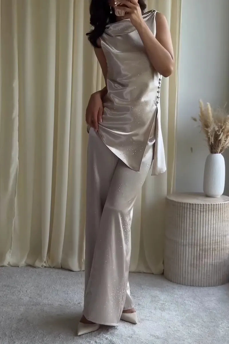 Women's Elegant Satin Rhinestone Vest Pants Set