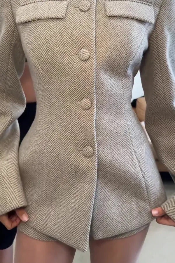Women Retro Elegant Round Neck Divided Cut Blazer + Shorts Suit